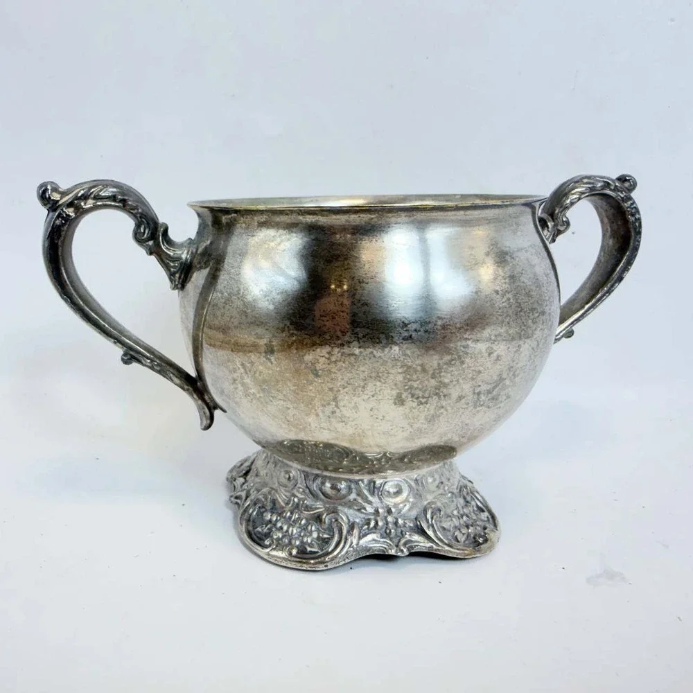 Hanle Vintage Silverplate Sugar Bowl Footed Ornate Grape Vine Double Handle